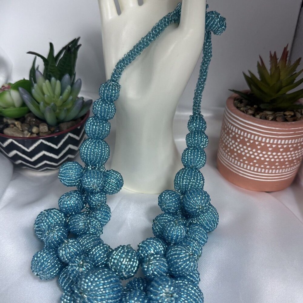 BLUE GLASS Beaded Balls Statement Necklace - Picture 2 of 7